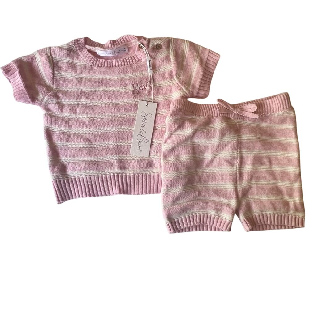 Stitch and Bean Baby Crewneck Sweater White Stripe Shorts Sweater Set Sz 3-6 NWT